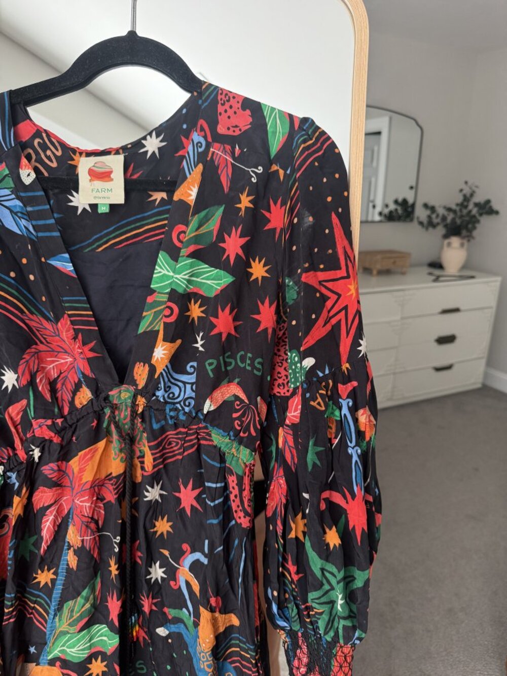 FARM Rio Zodiac Print Maxi Dress Black Red Balloon Sleeve size M - Picture 3 of 10